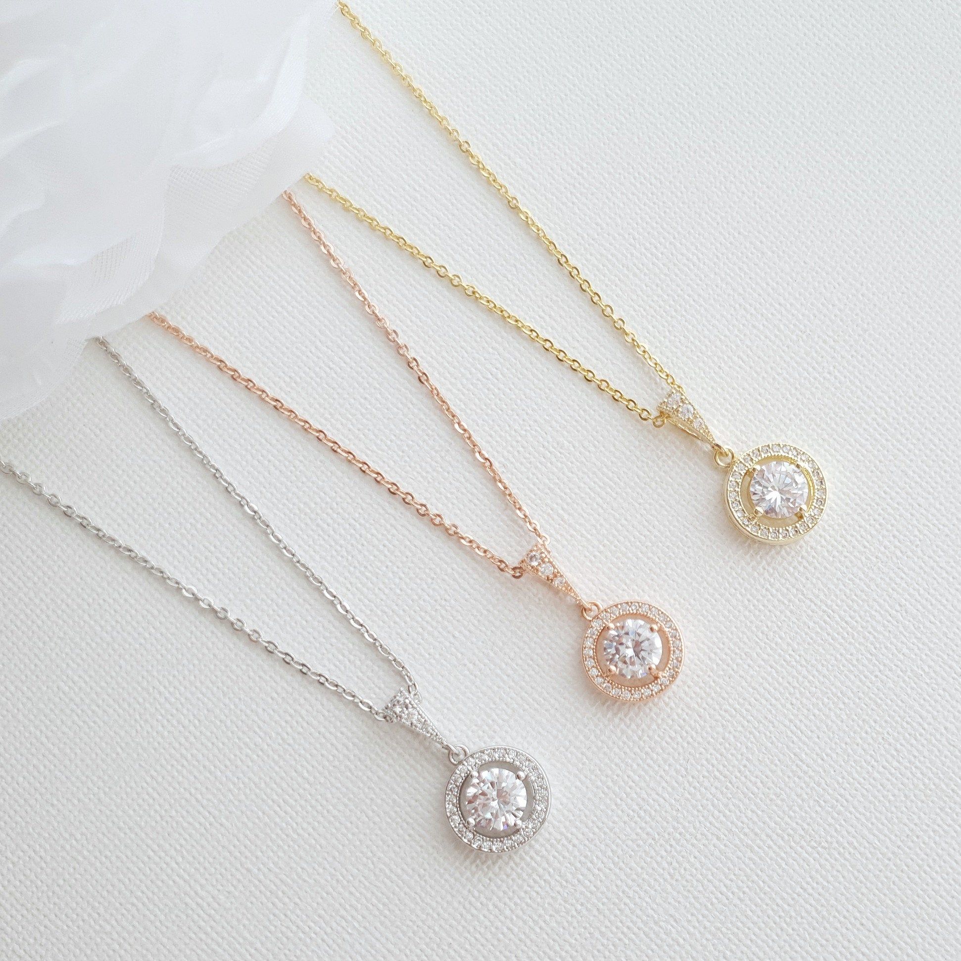 Crystal Bridal Pendant, Round Halo Wedding Pendant Necklace, Rose Gold  Bridesmaid Necklace, Small Gold Pendant For Brides, Denise For Most Popular Round Sparkle Halo Necklaces (View 18 of 25)