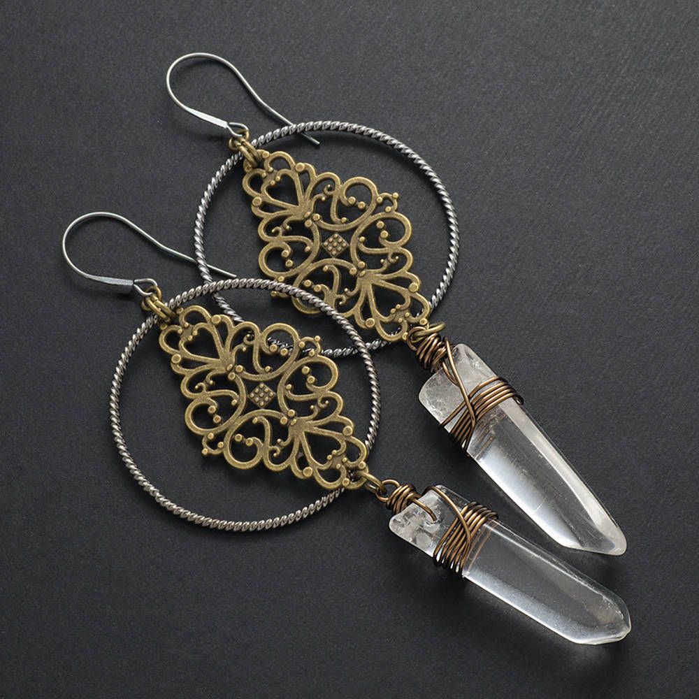 Crystal Point Quartz Earrings Gemstone Healing Crystal Rock Bronze  Geometric Raw Quartz Long Bohemian Filigree Lace Earring April Birthstone With Latest Rock Crystal April Droplet Pendant Necklaces (View 11 of 25)
