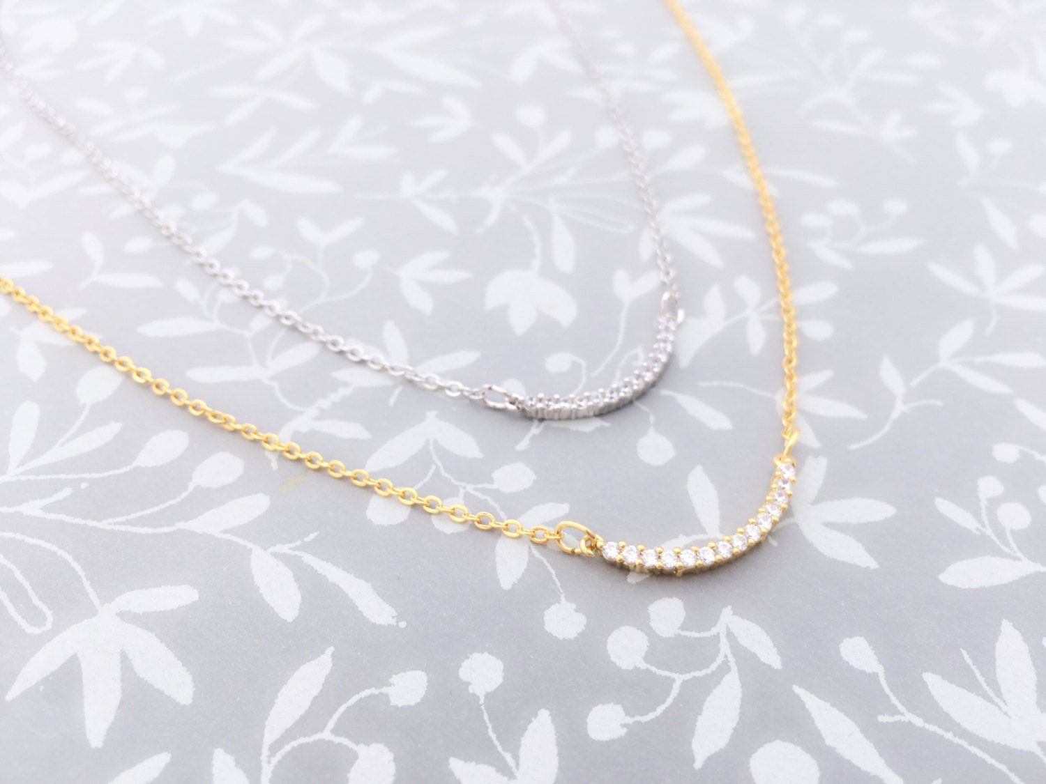 Cubic Necklace • Stylish Sparkling Zirconia Curved Bar Necklace • Handmade  • Dainty Necklace • Bridesmaid, Graduation, Birthday, Love Gift Pertaining To 2020 Sparkling Curved Bar Necklaces (Photo 1 of 25)