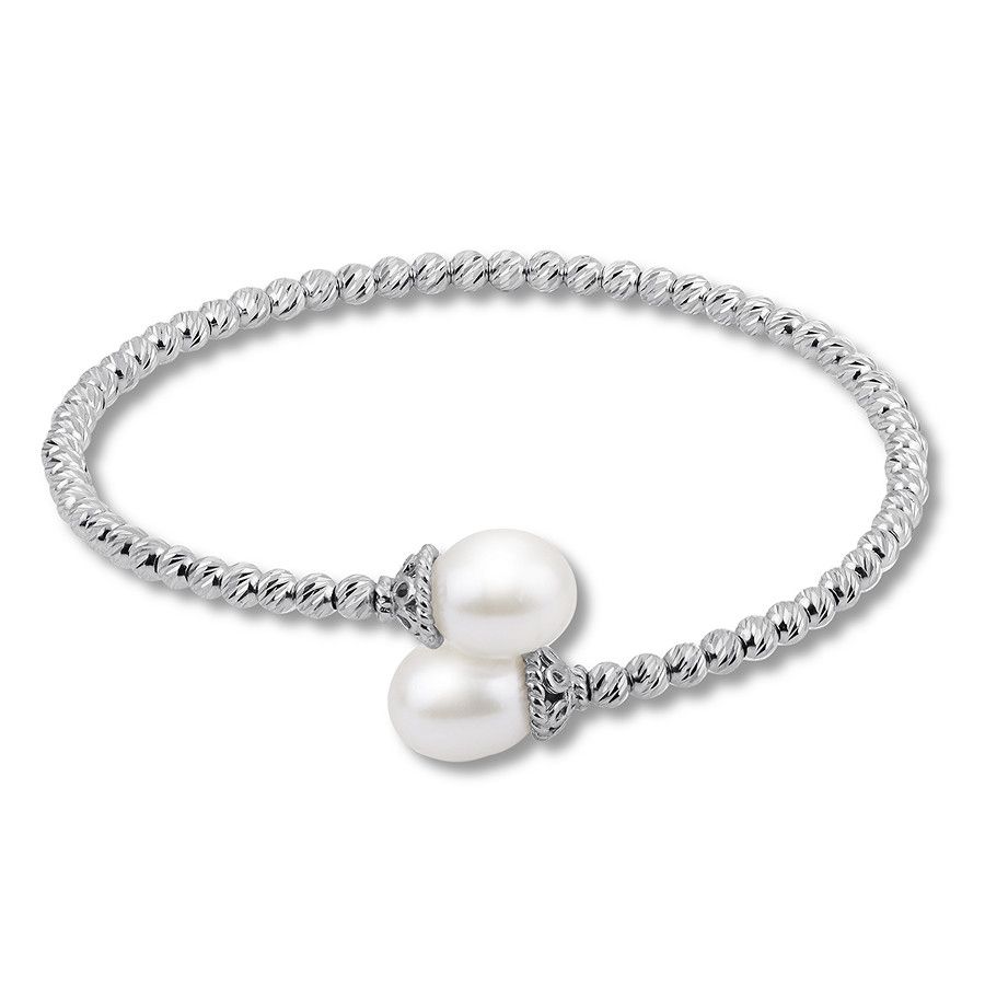 Cultured Pearl & Textured Bead Bangle Bracelet Sterling Silver Regarding Recent Bead & Freshwater Cultured Pearl Open Rings (View 21 of 25)
