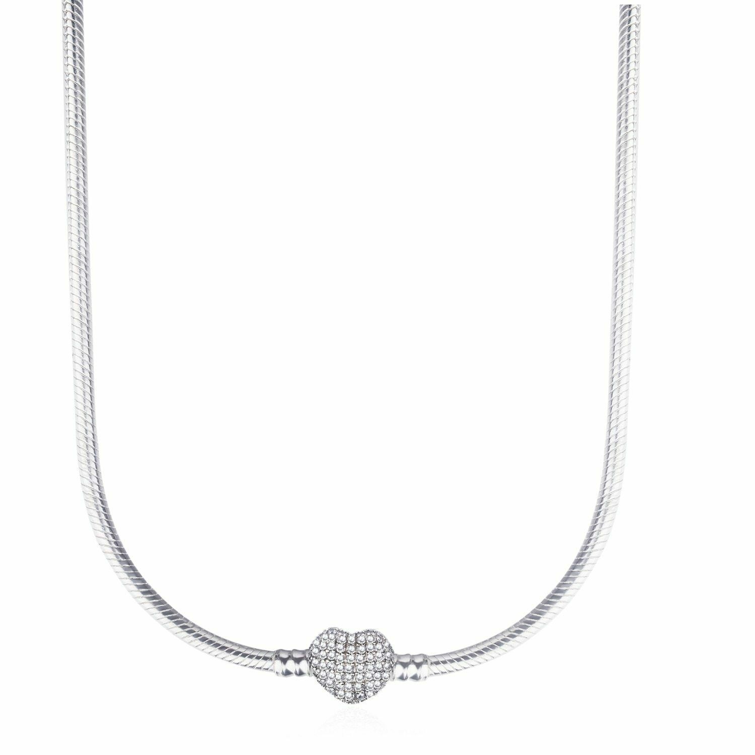Details About 925 Sterling Silver Necklace Pandora Moments Pave Crystal  Heart Snake Chain Pertaining To Recent Pandora Moments Snake Chain Necklaces (View 8 of 25)