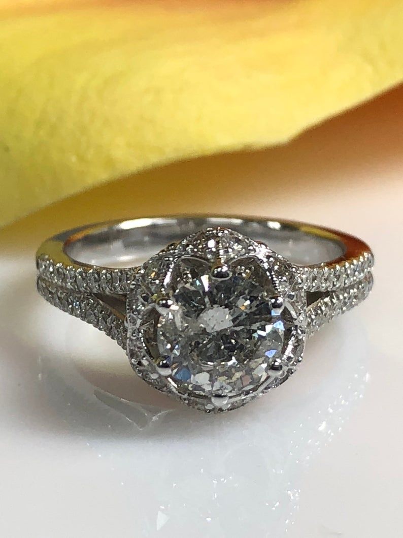 Diamond Ring With Vintage Halo And Diamond Split Shank, 14k White Gold #3562 For Most Recent Diamond Accent Vintage Style Anniversary Bands In White Gold (View 21 of 25)