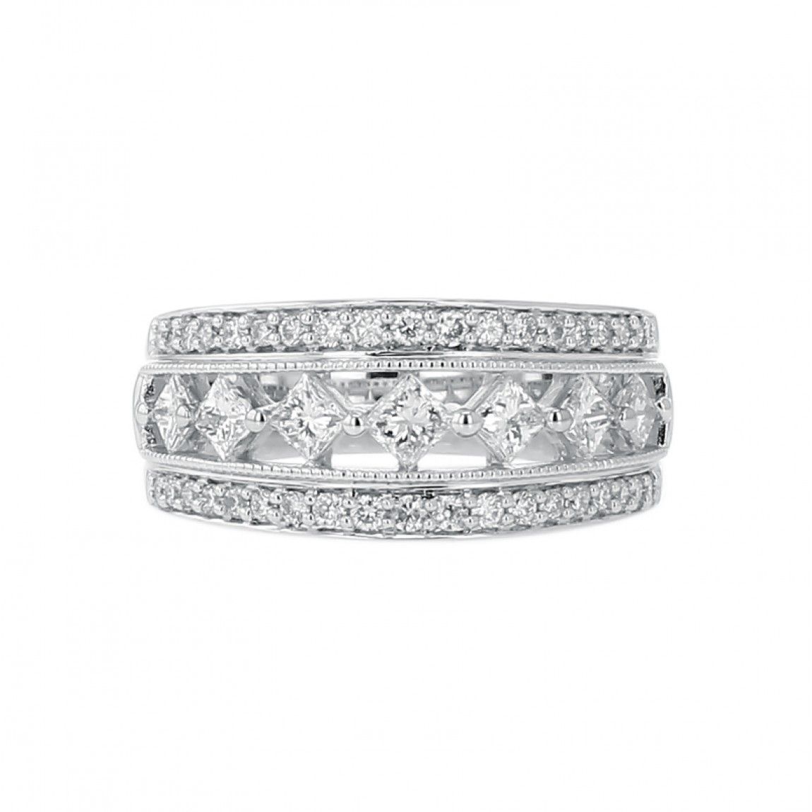 Diamond Wedding Band Ring, Floating Princess Cut Channel, Milgrain, 14k  Gold,  (View 16 of 25)