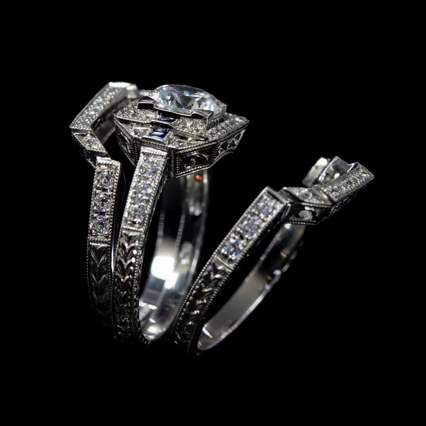 Edwardian Style Antique Inspired Wedding Set/white Gold Diamond And  Sapphire Filigree, Mill Grained And Engraved Wedding Set/setting Only In 2019 Enhanced Blue Diamond Vintage Style Anniversary Bands In White Gold (View 14 of 25)