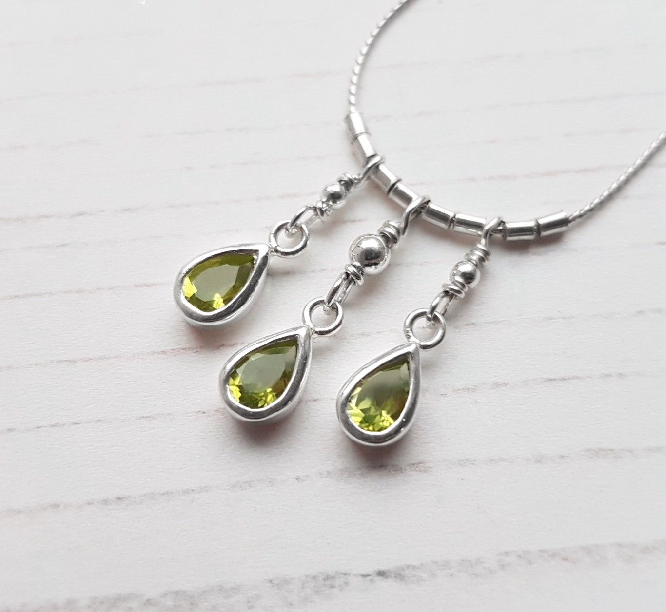 Elegant Peridot Necklace, Triple Droplets On Fine Sterling Silver Cable,  August Birthstone Necklace Regarding 2020 August Droplet Pendant Necklaces (View 3 of 25)