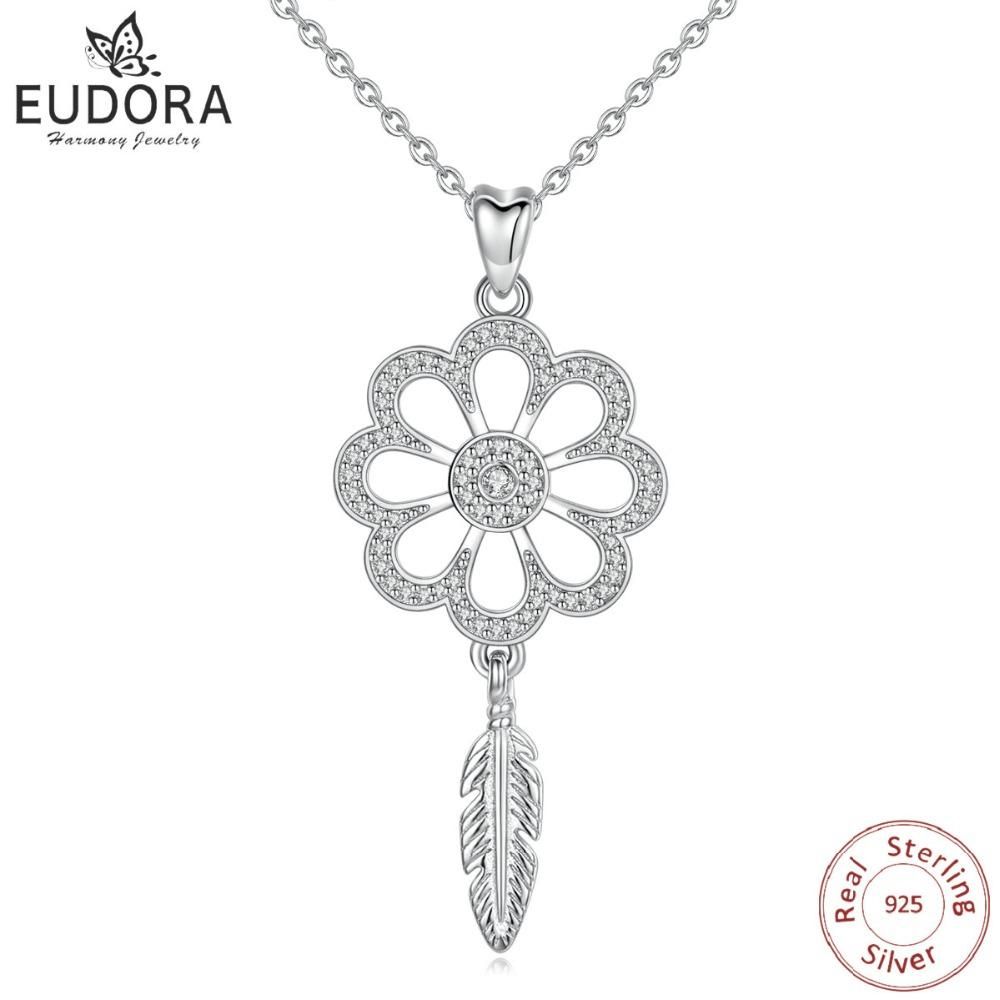 Eudora Real 925 Sterling Silver Clear Cz & Feather Of Angel & Flower  Pendants Necklaces Vintage Jewelry For Goddess Gifts D343 Regarding Most Up To Date Single Feather Pendant Necklaces (View 24 of 25)