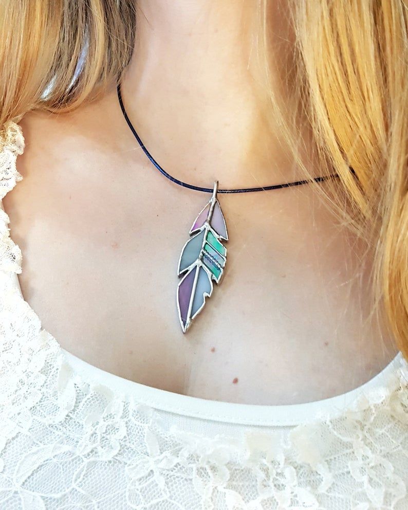 Feather Necklace, Stained Glass Feather, Contemporary Jewelry, Feather  Pendant, Feather Jewelry, Unusual Jewellery, Handcrafted Jewelry Pertaining To 2019 Shimmering Feather Pendant Necklaces (View 19 of 25)