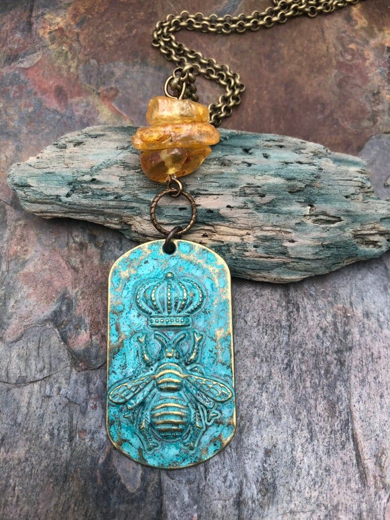 Fossilized Amber Queen Bee Patina Pendant Necklace, Free Shipping In The Usa Intended For Latest Queen Bee Pendant Necklaces (View 13 of 25)