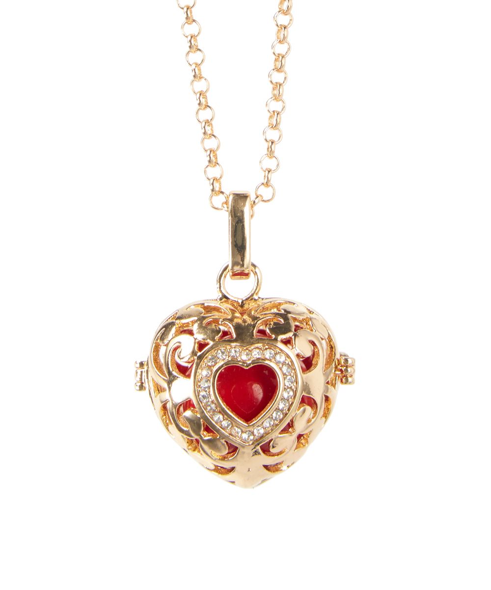 Frankie & Stein Red Rhinestone & Goldtone Heart Chime Pendant Necklace With Regard To 2020 Chiming Filigree Hearts Pendant Necklaces (View 4 of 25)