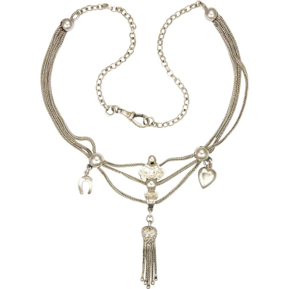 French Circa 1900 Silver Albertina Necklace With Sterling Extension – Heart  Tassel Drop Regarding Current Ornate Hearts Tassel Necklaces (View 8 of 25)