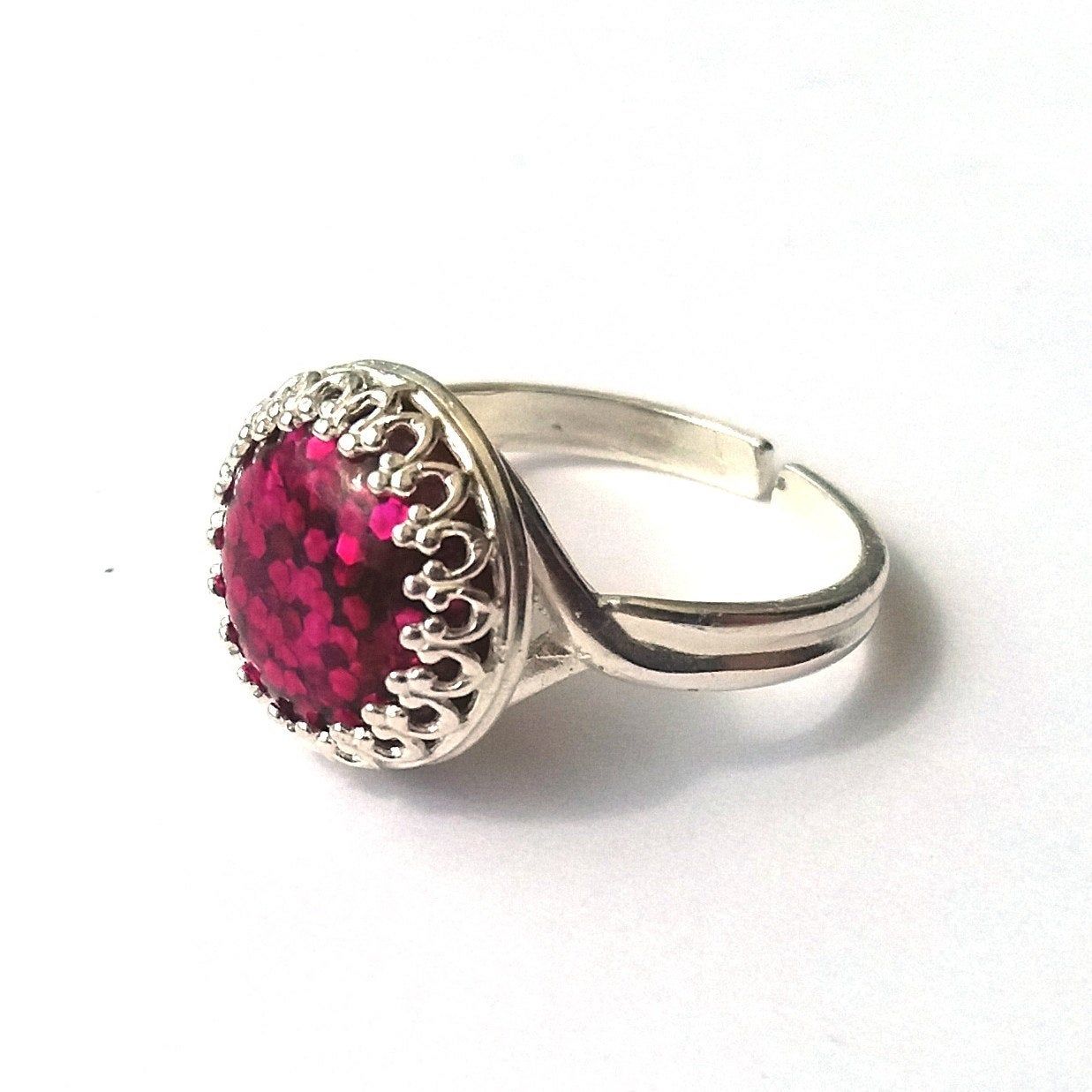 Fuchsia Pink Glitter Ring, Sterling Silver Ring, Glitter Cabochon, Pink  Ring, Sparkle Ring, More Colours, Or Choose Gold, Rose Gold Intended For Latest Pink Sparkling Crown Rings (View 15 of 25)