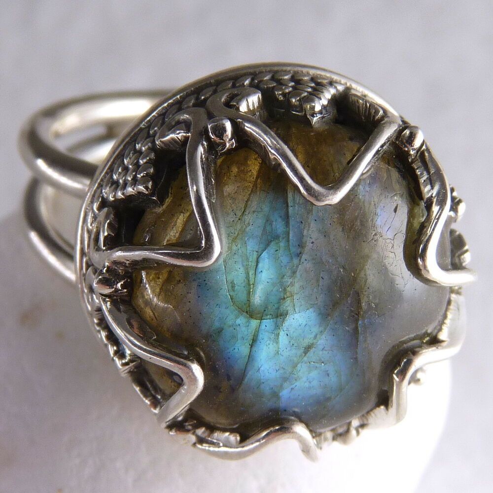 Granulation Crown Size Us 6 (m) Silversari Ring Solid 925 Stg  Silver/labradorite | Ebay In Latest Blue Sparkling Crown Rings (View 24 of 25)