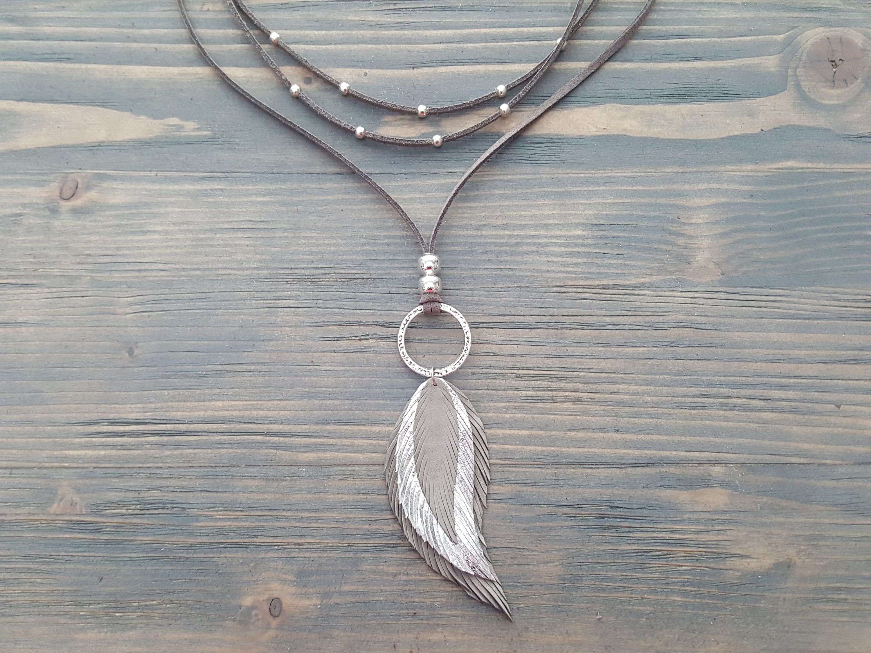 Grey Leather Feather Pendant Necklace. Bohemian Leather Necklace. Layered  Wrap Necklace. Boho Choker Necklace. Leather Bohemian Jewelry (View 9 of 25)