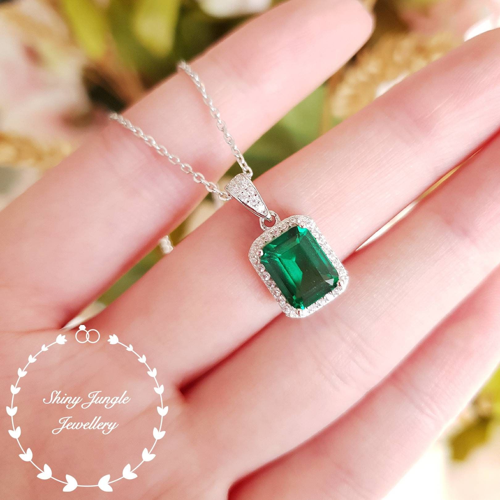 Halo Emerald Cut Emerald Pendant, Vivid Green Lab Emerald Necklace With Recent Royal Green Crystal May Droplet Pendant Necklaces (View 23 of 25)