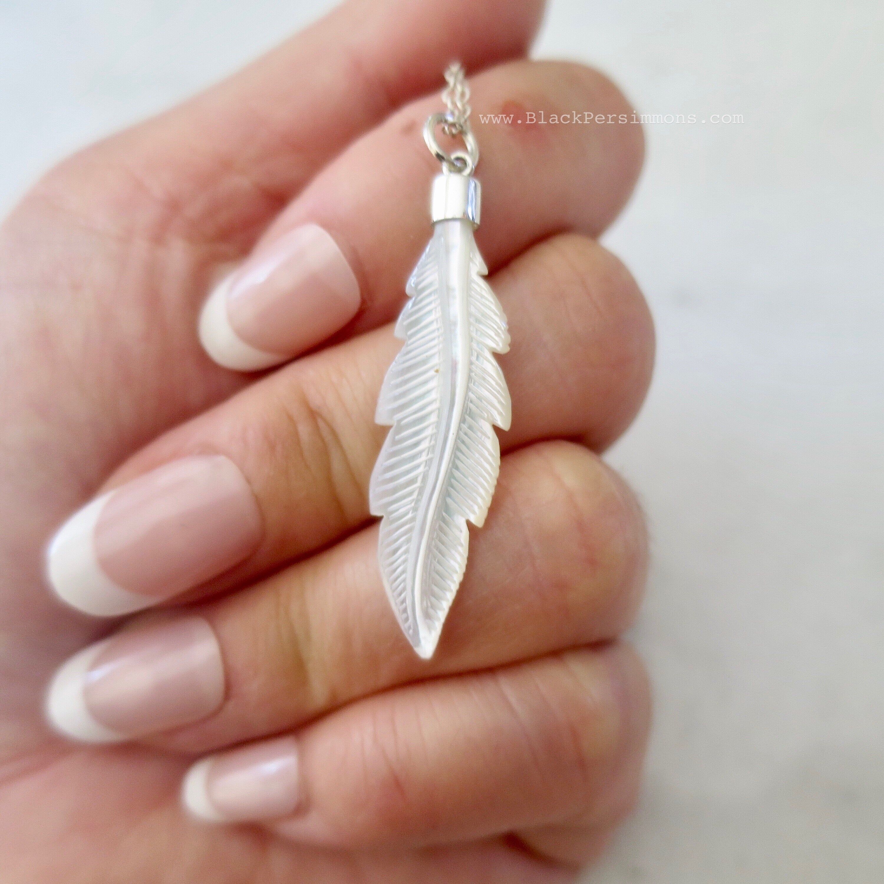 Hand Carved Mother Of Pearl Feather Necklace – Sterling Silver Pendant –  Insurance Included Within Best And Newest Shimmering Feather Pendant Necklaces (View 21 of 25)
