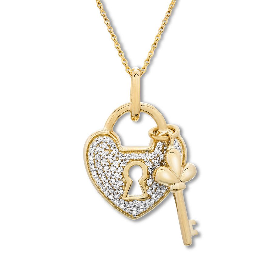 Heart Lock & Key Necklace 1/4 Ct Tw Diamonds 10k Yellow Gold With Regard To Latest Heart Shaped Padlock Necklaces (View 20 of 25)