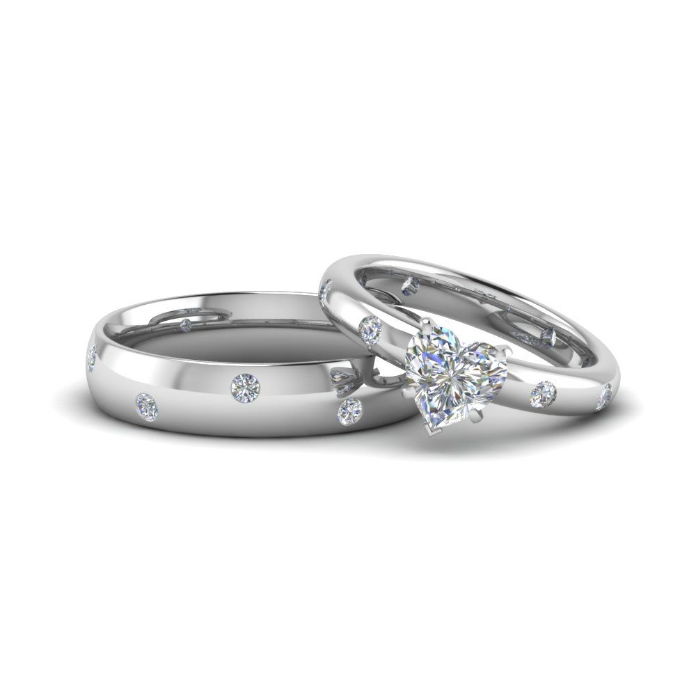 Heart Shaped Couple Wedding Rings His And Hers Matching Anniversary Sets  Gifts In 14k White Gold With Regard To 2019 Diamond Heart Shaped Anniversary Bands In Gold (View 7 of 25)