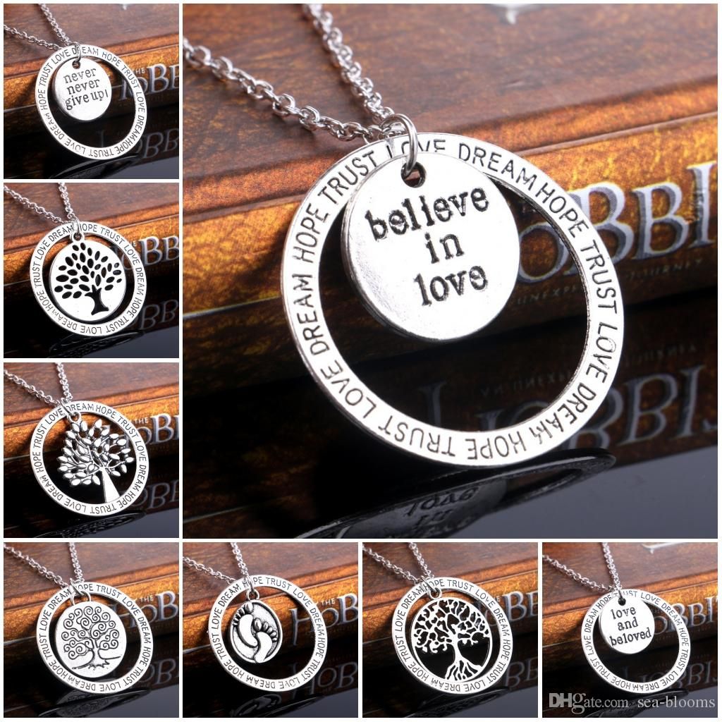 Hollow Tree Of Life Family Tree Charm Love Dream Hope Trust Words Charm  Pendant Necklace Jewelry Gifts Free Dhl D876l Intended For Most Up To Date Family Tree Heart Pendant Necklaces (View 13 of 25)