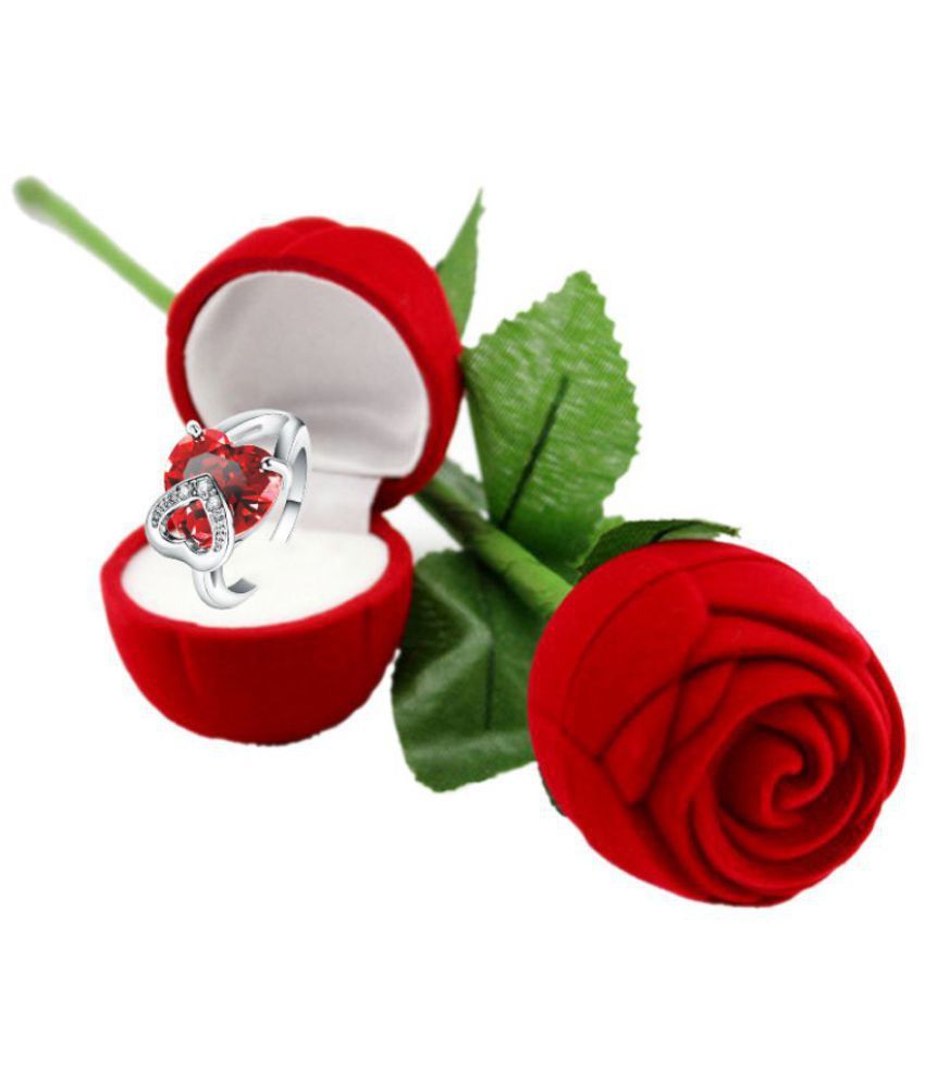 Jewels Galaxy Valentine Special Sparkling Red Love Heart Crystal  Fascinating Silver Ring With Fancy Velvet Rose Ring Box For Women/girls In Recent Sparkling Red Heart Rings (View 14 of 25)
