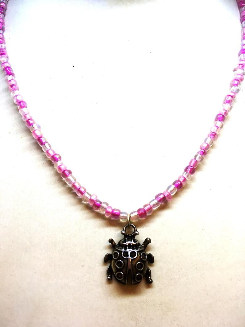 Ladybird Pendant Necklace With Pink Seed Beads App 16 Inches Juliedeeleyjewellery Contemporary Jewellery Gifts For Her Ladies Necklace With Best And Newest Pink Ladybird Pendant Necklaces (View 11 of 25)