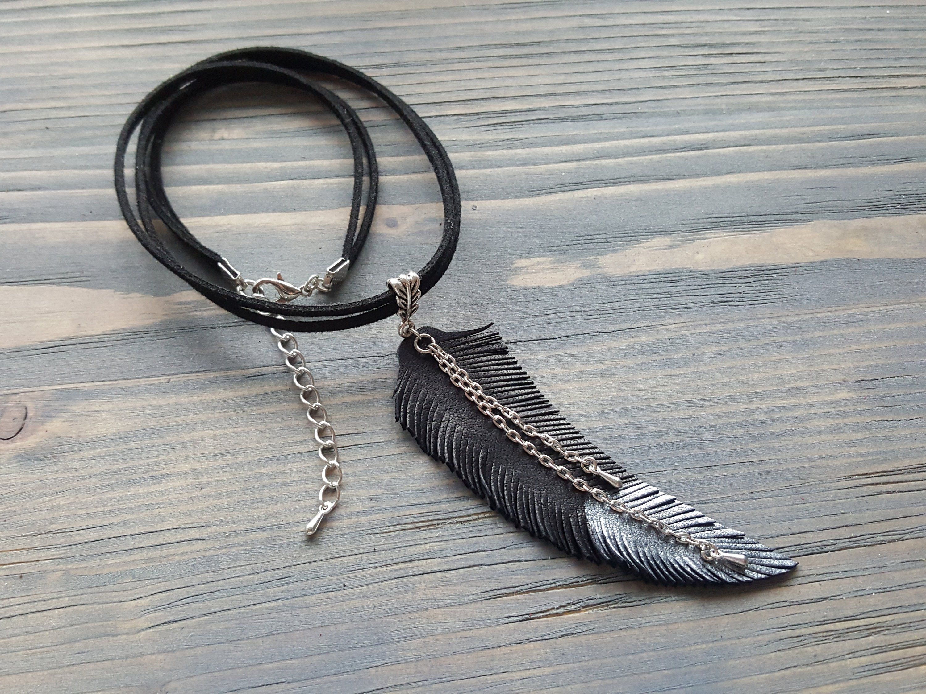 Leather Feather Necklace. Black Choker. Leather Choker (View 4 of 25)