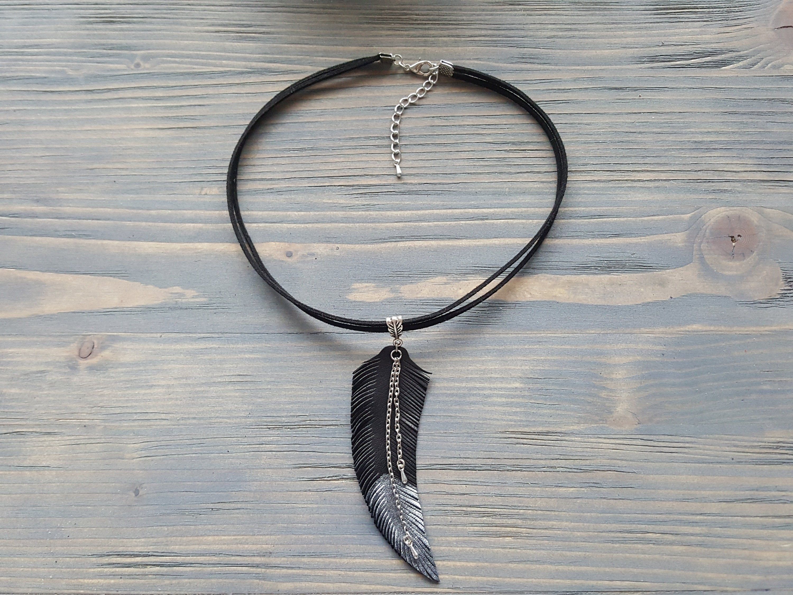 Leather Feather Necklace. Black Choker. Leather Choker (View 5 of 25)