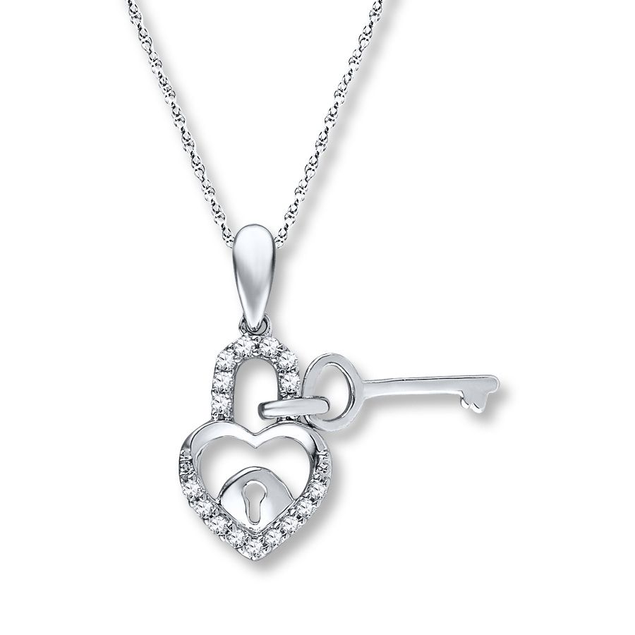 Lock And Key Necklace 1/10 Ct Tw Diamonds Sterling Silver Within Best And Newest Heart Padlock Locket Element Necklaces (View 15 of 25)