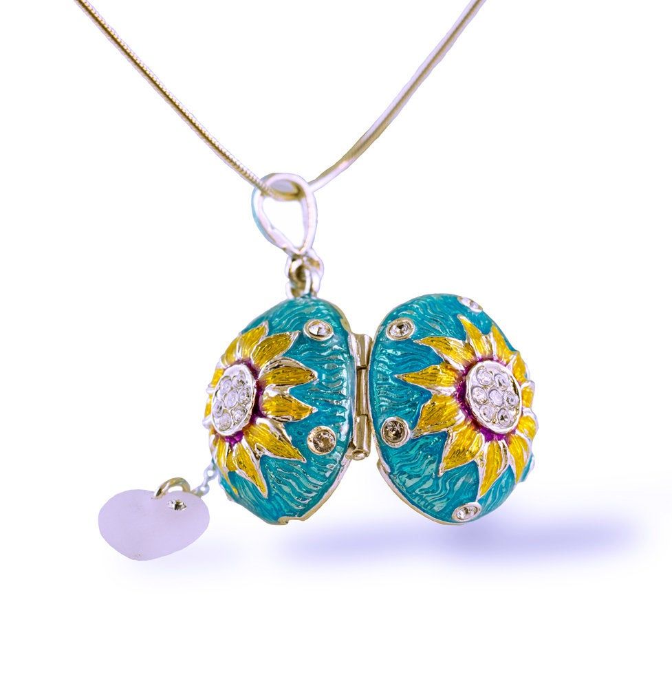 Locket Sunflower W Heart, Enamel Jewelry Turquoise Locket W Yellow  Sunflower, Enamel Egg Pendant, Sterling Silver Necklace Jewelry For Women With Regard To Most Recently Released Purple Ladybird Locket Element Necklaces (View 1 of 25)
