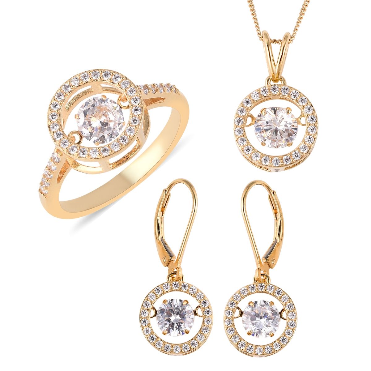 Lustro Stella Dancing Cz Halo Set Earrings, Ring (size 8) And Pendant  Necklace (18 In) In Vermeil Yg Over Sterling Silver (avg. 11.25 G)  (View 18 of 25)