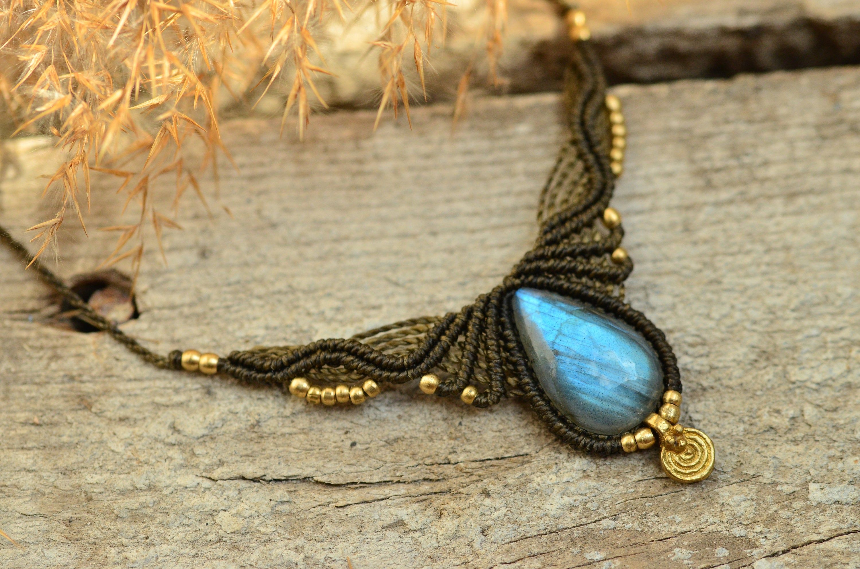 Macrame Necklace "zala" With Natural Labradorite, Brass And Brass Element  ***unique Piece*** In Most Recently Released Shimmering Knot Locket Element Necklaces (View 11 of 25)