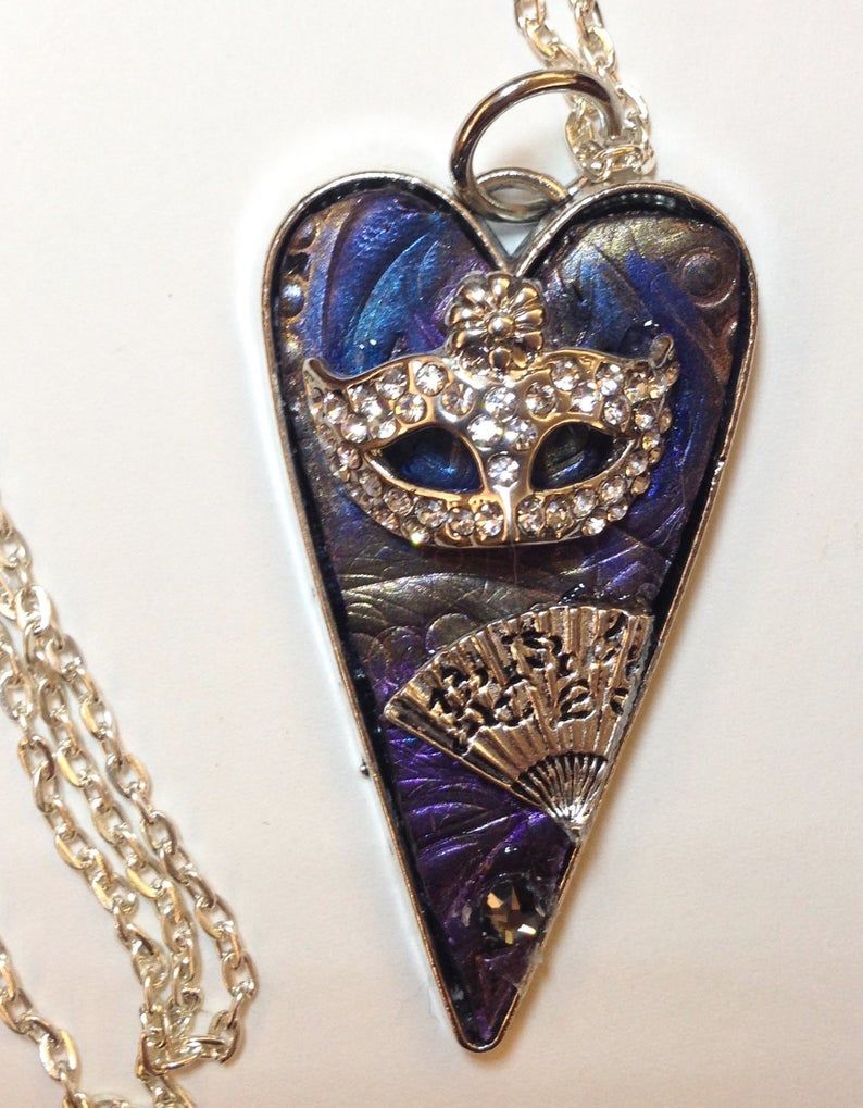 Masked Ball Necklace, Masquerade Heart Necklace, Mask And Fan Necklace,  Opera Ball Necklace, Valentine Heart Necklace Within Newest Heart Fan Pendant Necklaces (View 24 of 25)