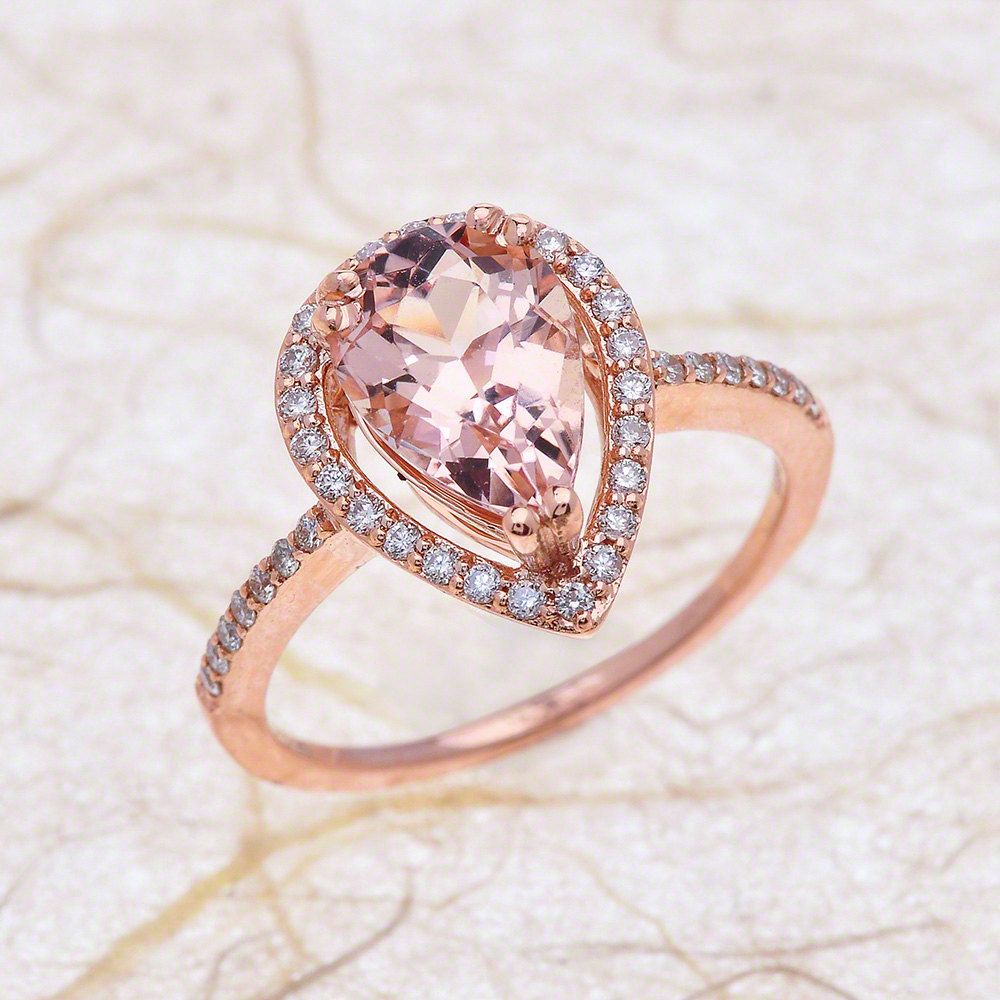 Morganite Engagement Ring Rose Gold / Pear Shaped Teardrop Halo Basket  Design / October November Birthstone / Birthday Anniversary Gift In Latest Sparkling Teardrop Halo Rings (View 24 of 25)