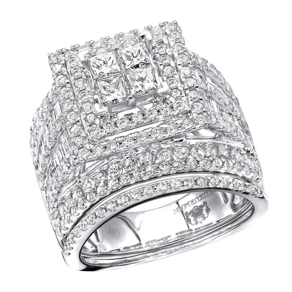 Multi Row Round & Princess Cut Diamond Engagement Ring Set 14k Gold  (View 10 of 25)
