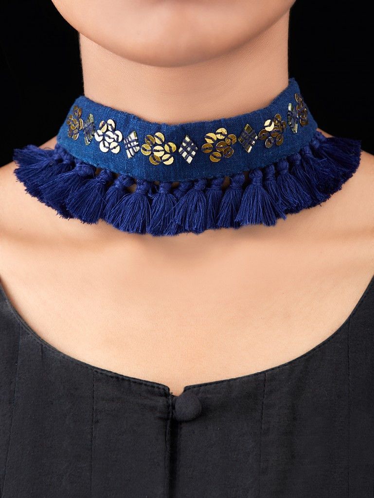 Navy Blue Hand Block Printed Cotton Fabric Sitara Choker | Fashion With Best And Newest Woven Fabric Choker Slider Necklaces (View 12 of 25)