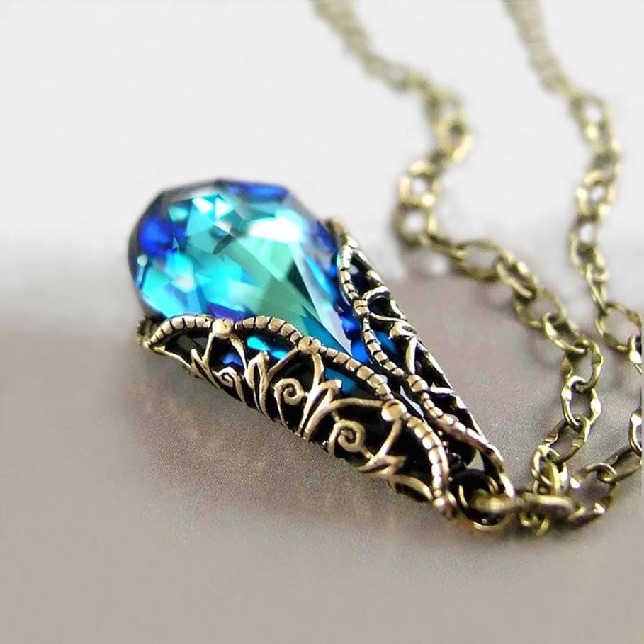 Ocean Blue Crystal Necklace, Aqua Blue Pendant Necklace, Peacock Inside Most Popular Royal Green Crystal May Droplet Pendant Necklaces (View 8 of 25)