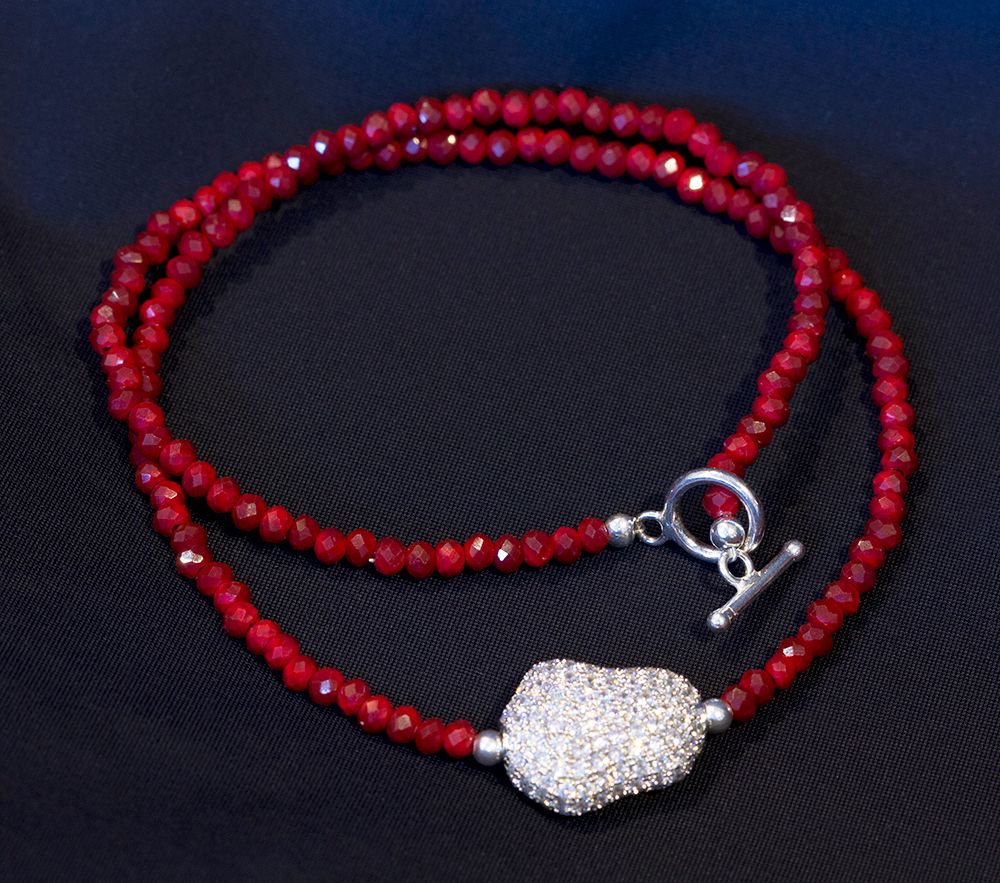 Opaque Crimson Crystal Beads With Pave Cz Diamond Magic Bean Pertaining To Most Up To Date Beads &amp; Pavé Necklaces (View 12 of 25)