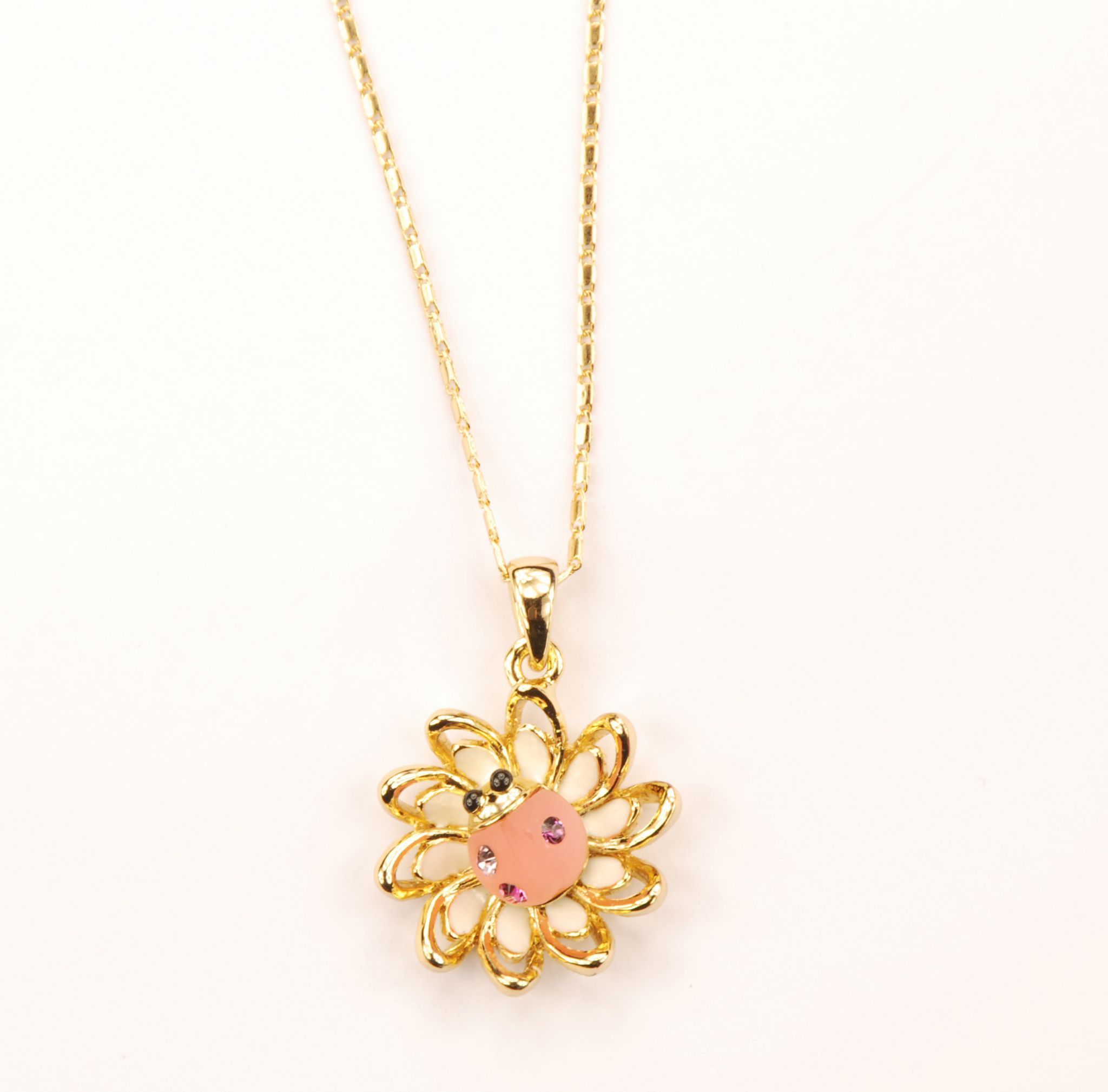 P010010 A White And Gold Flower Chain With A Sweet Little Pink In Best And Newest Pink Ladybird Pendant Necklaces (View 16 of 25)