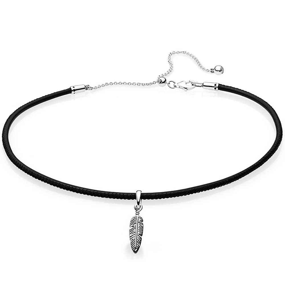 Pandora Black Leather Choker And Feather Necklace 397197cbk Intended For Most Up To Date Black Leather Feather Choker Necklaces (View 1 of 25)