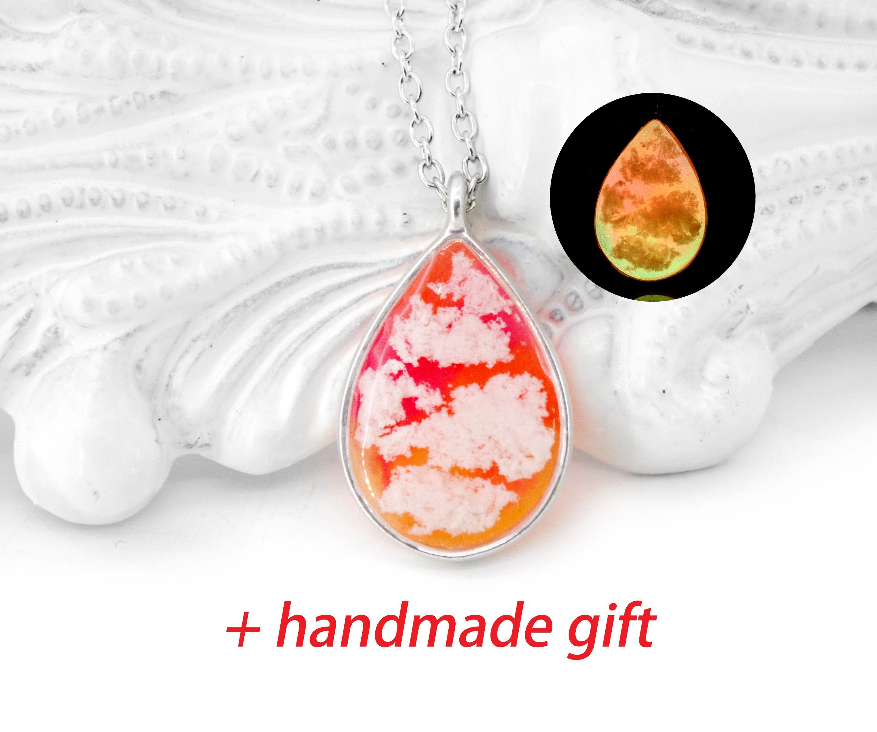 Pink Clouds Resin Sky Necklace Sunset Unique Glow In The Dark Necklace  Nature Magic Glowing Jewelry Magic Teardrop Luminous Floral Jewelry Regarding 2019 Luminous Florals Pendant Necklaces (View 13 of 25)