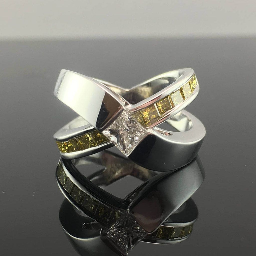 Princess Cut Diamond Engagement Ring Channel Set Yellow Diamonds  14k White  Gold Yellow Diamond Princess Cut Criss Cross Anniversary Ring In Most Up To Date Princess Cut Diamond Criss Cross Anniversary Bands In White Gold (View 10 of 25)