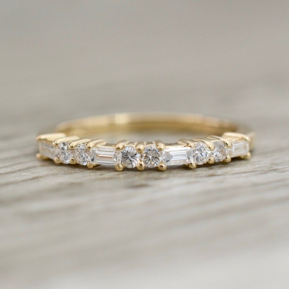 Prong Set Baguette & Round Diamond Band In Yellow Regarding 2019 Round And Baguette Diamond Anniversary Bands In White Gold (View 8 of 25)