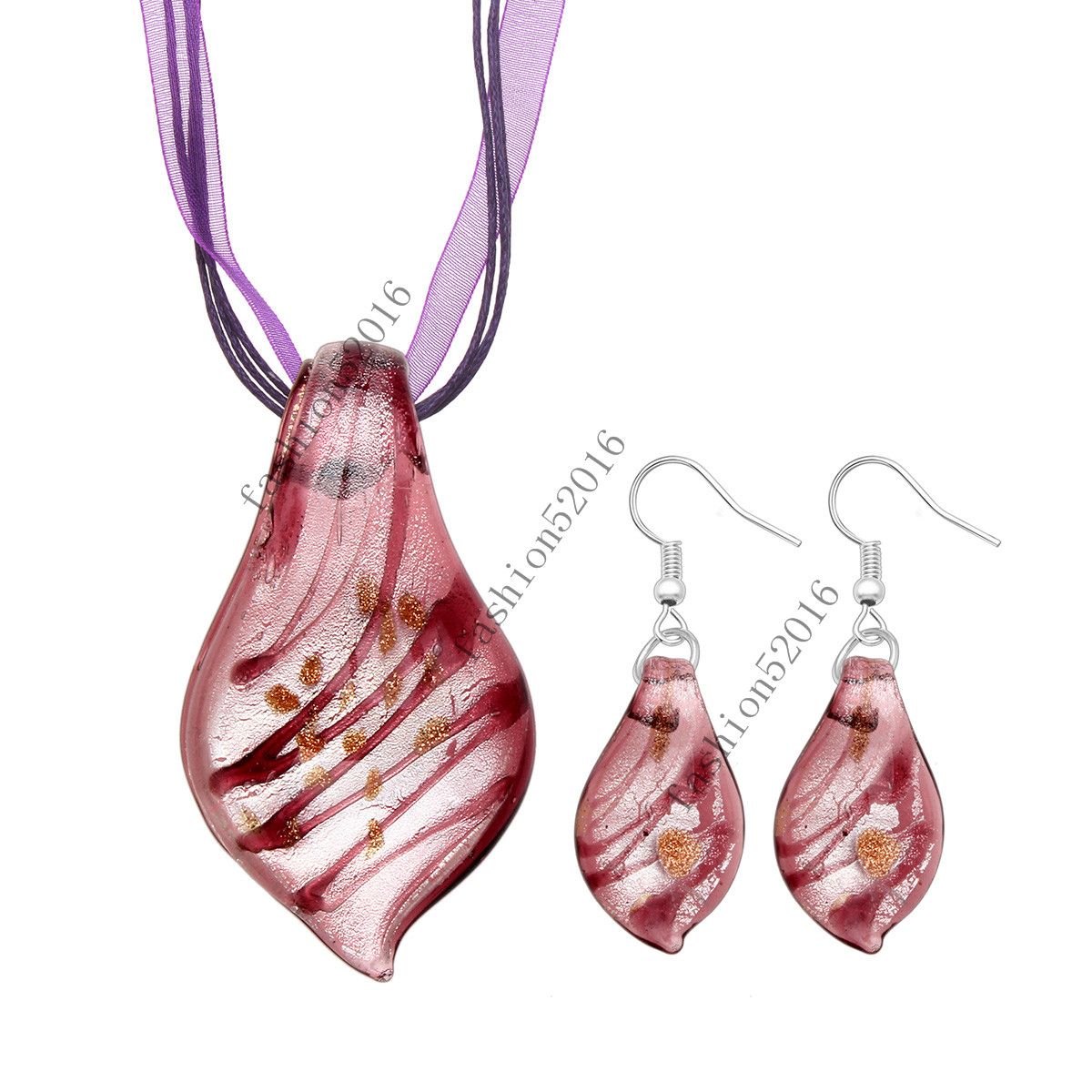 Purple Leaf Lampwork Glass Murano Bead Pendant Ribbon Necklace Cord Inside Most Up To Date Pink Murano Glass Leaf Rings (View 19 of 25)