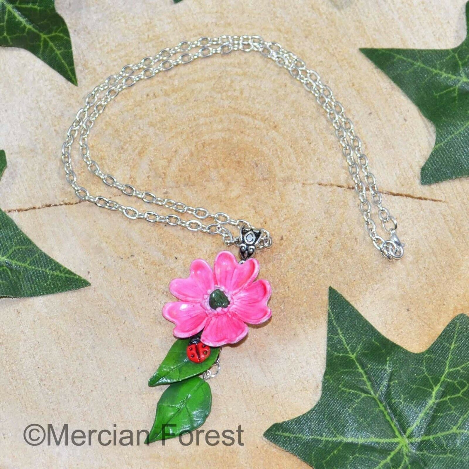 Red Campion And Ladybird Pendant Cascade Necklace – Clay Jewellery With Regard To 2020 Pink Ladybird Pendant Necklaces (Photo 25 of 25)