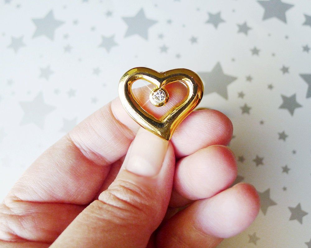 Rhinestone Heart Pin, Sparkle Polished Gold Tone, Asymmetrical Heart  Jewelry, Open Heart, Love Valentine's Day, Gift For Her, Love Gift With Regard To 2017 Polished & Sparkling Hearts Open Rings (View 11 of 25)