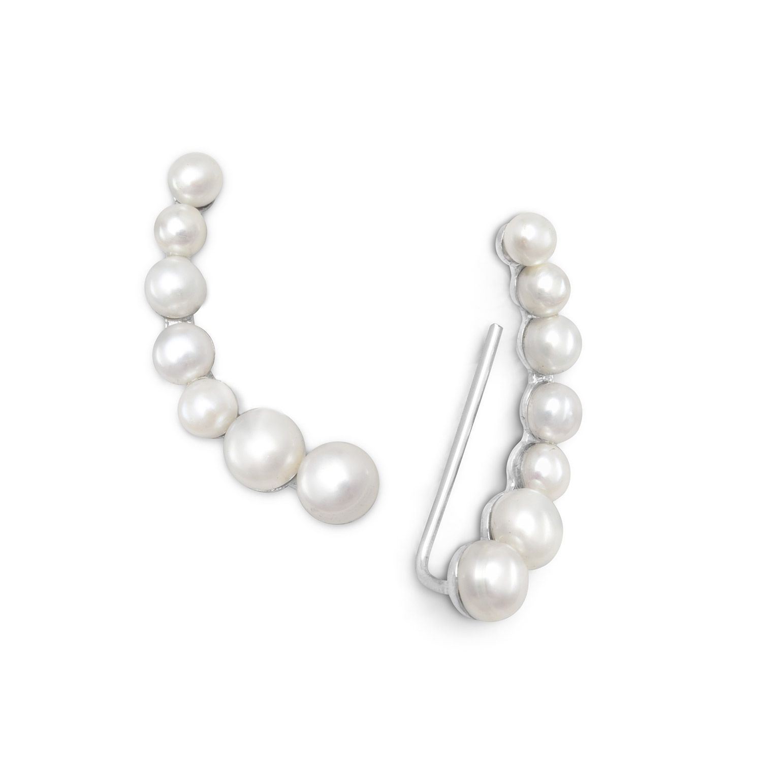 Rhodium Graduated Cultured Freshwater Pearl Ear Climbers Inside Most Current Offset Freshwater Cultured Pearl Circle Necklaces (View 19 of 25)