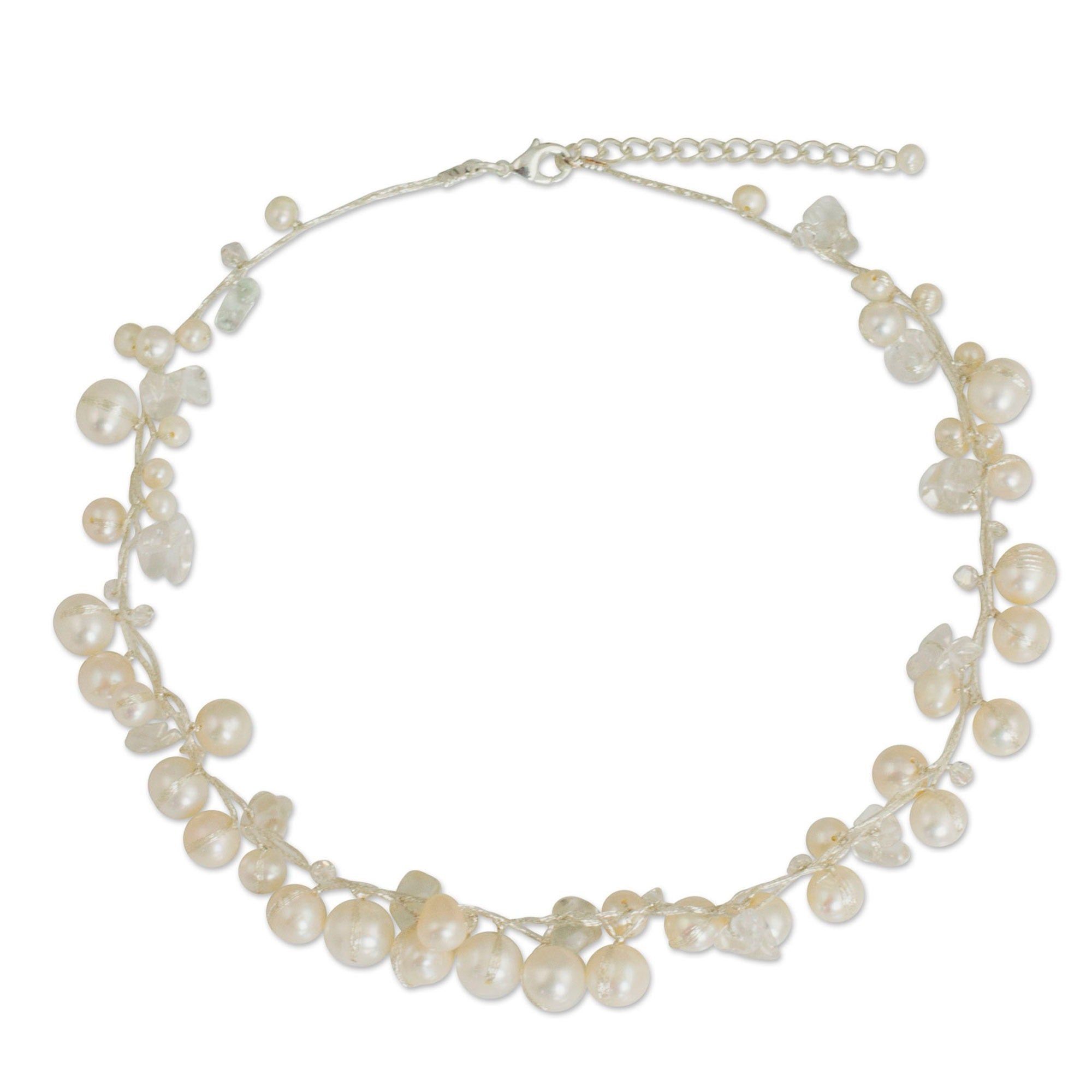 River Of Snow White Freshwater Pearls And Crystal Beads On Silk Thread  Fluid Adjustable Length Womens Choker Necklace (thailand) Pertaining To Most Up To Date Freshwater Cultured Pearls & Beads Necklaces (View 19 of 25)