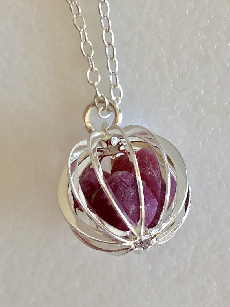 Ruby Necklace, July Birthstone, Ruby Cage, Genuine Ruby, Bright Red Ruby  Nuggets, True Red Ruby, Sterling Silver For 2020 Red July Birthstone Locket Element Necklaces (View 8 of 25)