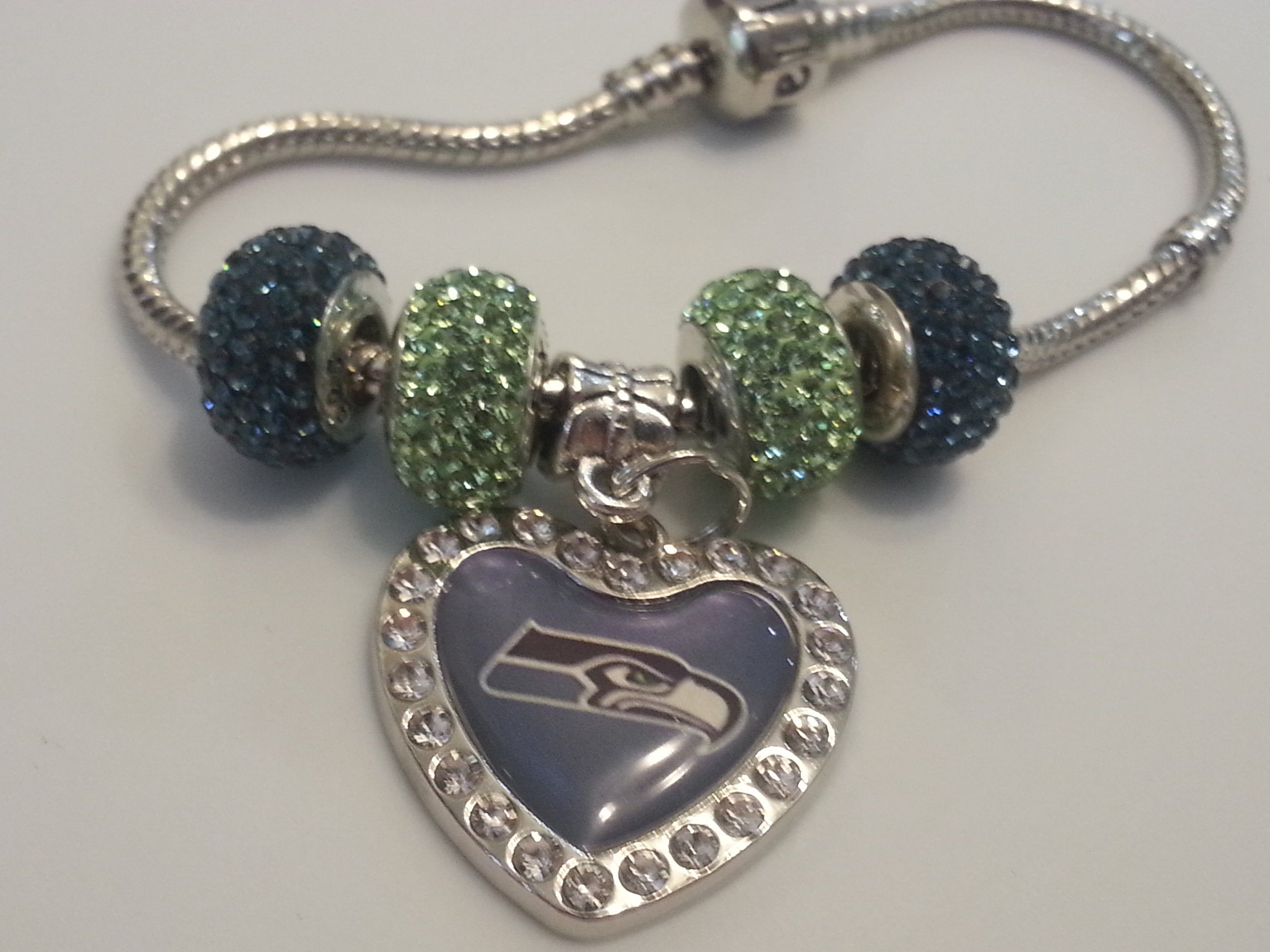 Seattle Seahawk Inspired Charm Bracelet. Pandora Style With Swarovski  Crystal Element Beads (View 19 of 25)
