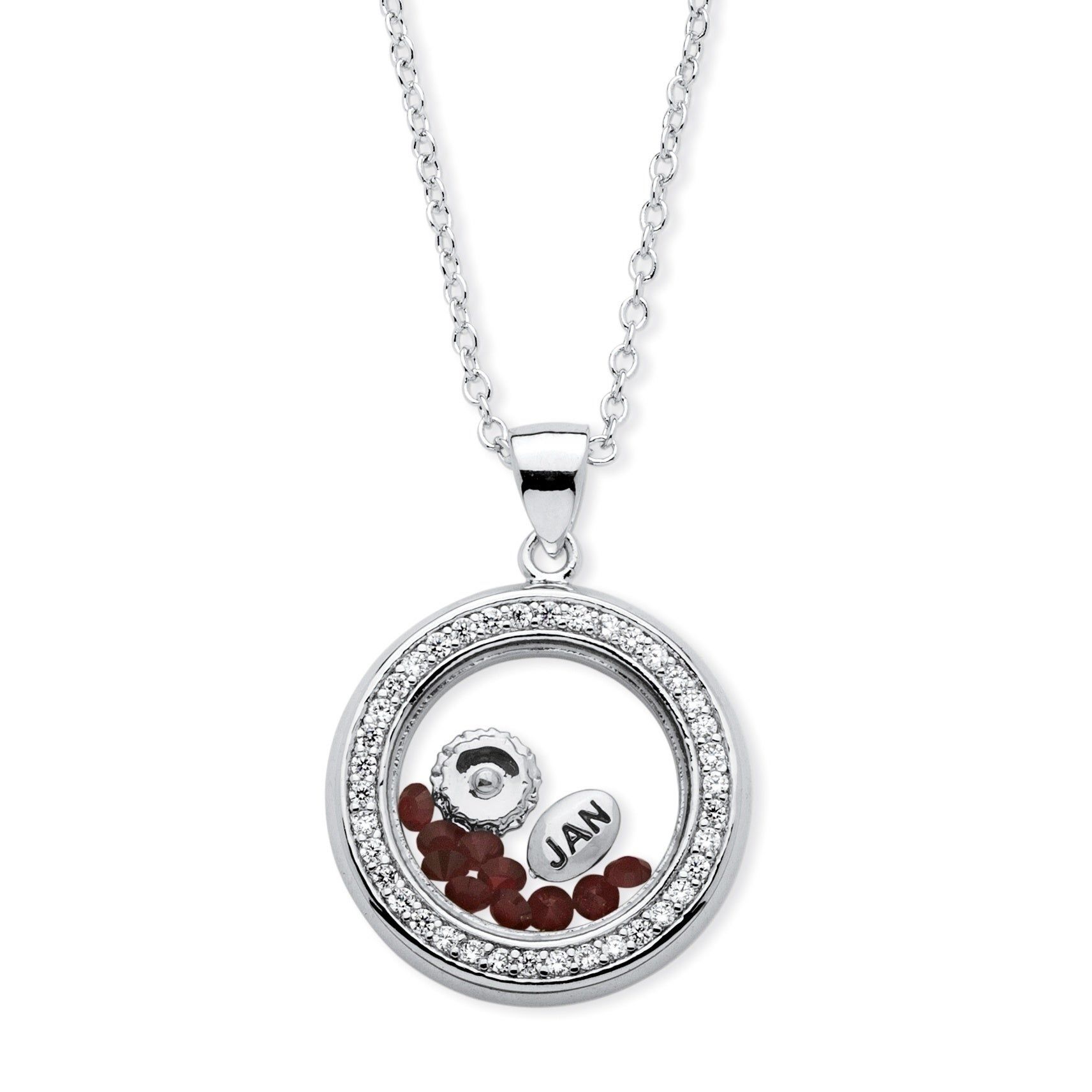 Silver Tone Charm Pendant (22mm) Round Cubic Zirconia And Round Simulated  And Blue Made With Swarovski Elements For Most Current Garnet Red January Birthstone Locket Element Necklaces (View 20 of 25)