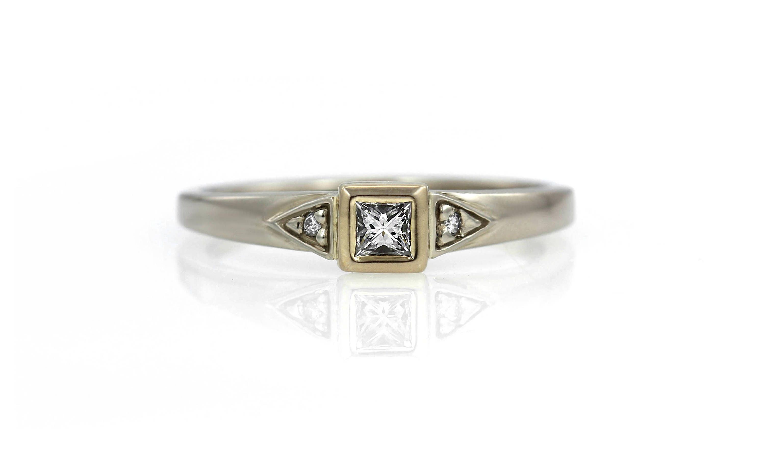Square Diamond Engagement Ring 14k White Gold & Yellow Gold With Triangle  Accents – Two Tone Recycled Metal – Wedding Ring, Anniversary Gift Within 2020 Diamond Multi Triangle Anniversary Rings In White Gold (View 15 of 25)